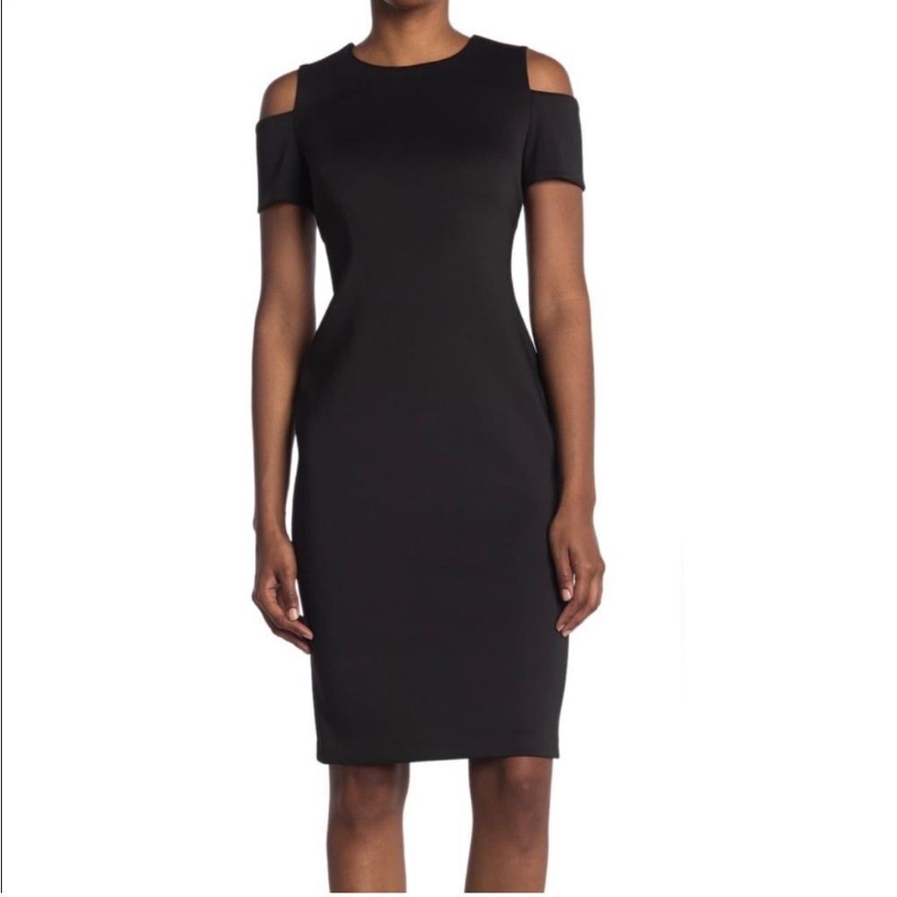 Calvin Klein Cold Shoulder Black Sheath Dress Sz 4 scuba material